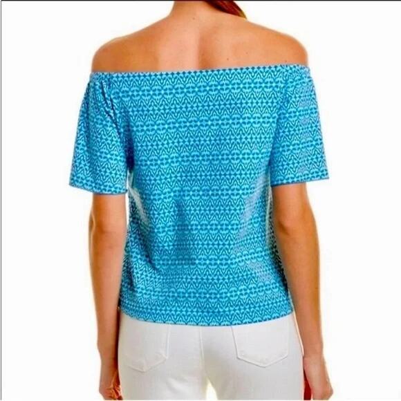 J. McLaughlin Catalina Cloth Off Shoulder Top Size XS Blue Stretch Short Sleeves - Picture 5 of 8